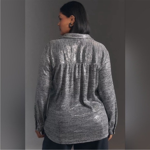 Pilcro Gray Sequin Oversized Button Down Shirt - Picture 2 of 8